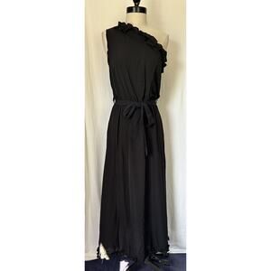 C+D+M Black One Shoulder Midi Ruffle Polyester Spandex Dress Belt Womens M